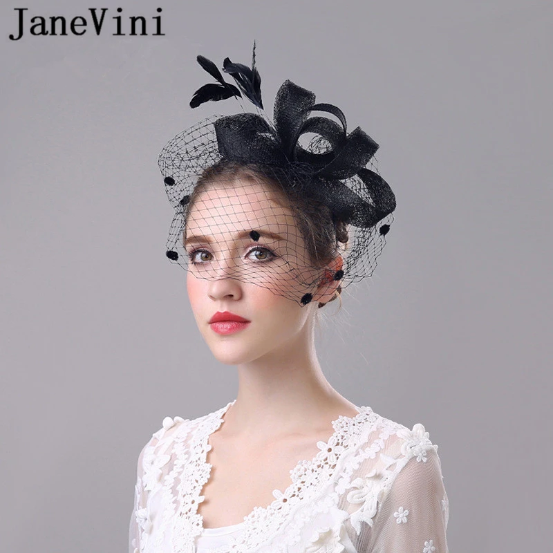 JaneVini элегантные черные свадебные шапки и Fascinators для женские вечерние свадебные сетчатый головной убор с вуалью перо свадебные аксессуары для невест