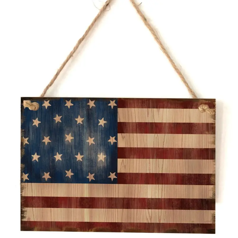 

Vintage Wooden Hanging Plaque American Flag Sign Board Wall Door Home Decor Independence Day Party Gift