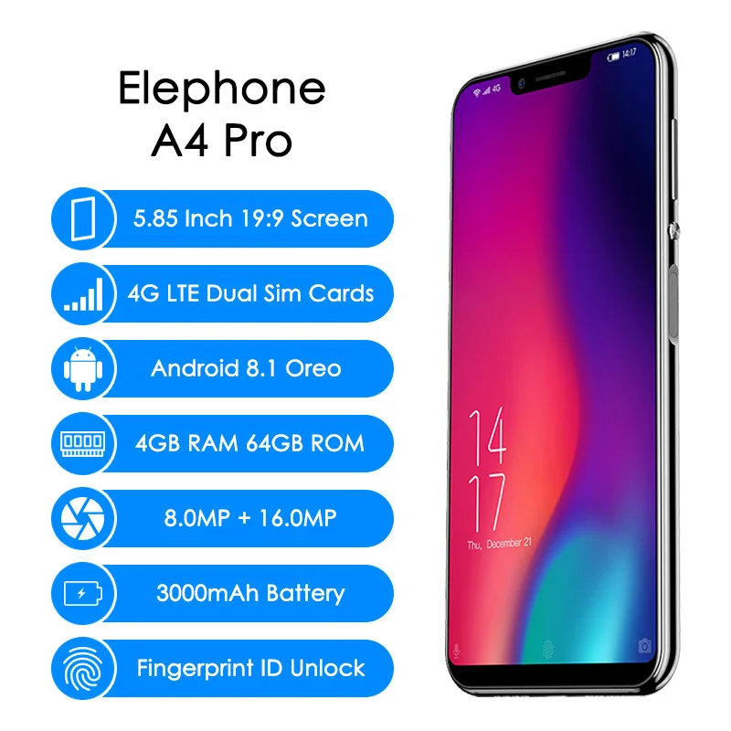  Elephone A4 Pro 4G LTE Smartphone 5.85 Inch HD+ U-Notch Screen Mobile Phone Android 8.1 4G+64GB MT6