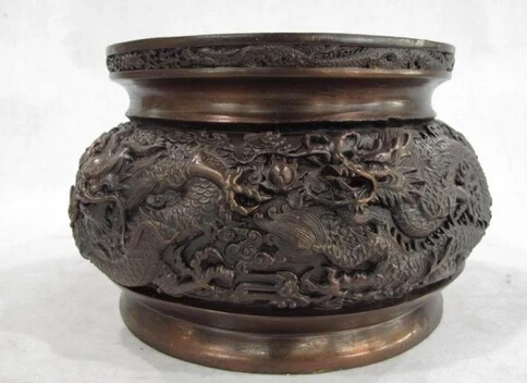 

huij 006524 Chinese Buddhism Bronze Copper Six Dragon Bowl Tank Pot Incense burner Censer