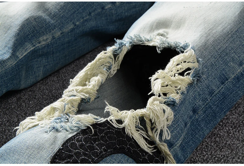 Мужские рваные обтягивающие джинсы Sokotoo, зауженные эластичные состаренные брюки светло-синего цвета с накладной вышивкой в виде змеи