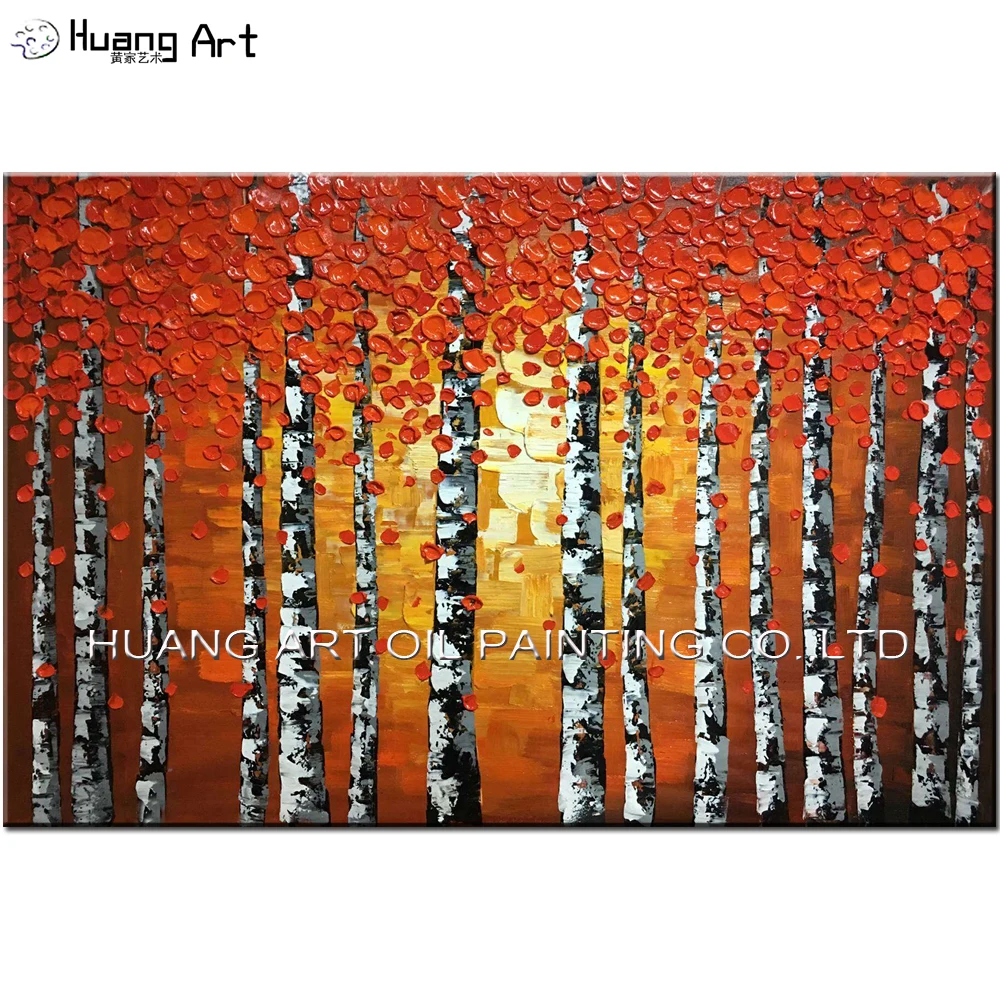 

Hand Painted Knife Red Tree Oil Painting Modern Thick Oil Landscape Paintings For Living Room Decor Birches Canvas Pictures