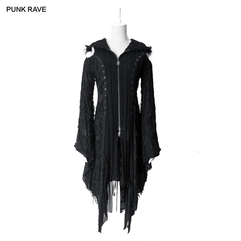 

PUNK RAVE Women's Witch Hooded Knitted Sweater Coat Gothic Lolita Dark Harajuku Cardigan Visual Kei Women Long Jacket Dress