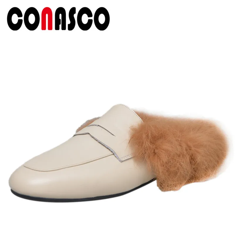 

CONASCO 1Fashion Women Basic Pumps Genuine Leather Autumn Winter Square Heels Shoes Woman Round Toe Rabbit Fur Shallow Shoes