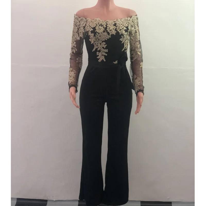 flower embroidery off shoulder wide leg jumpsuit