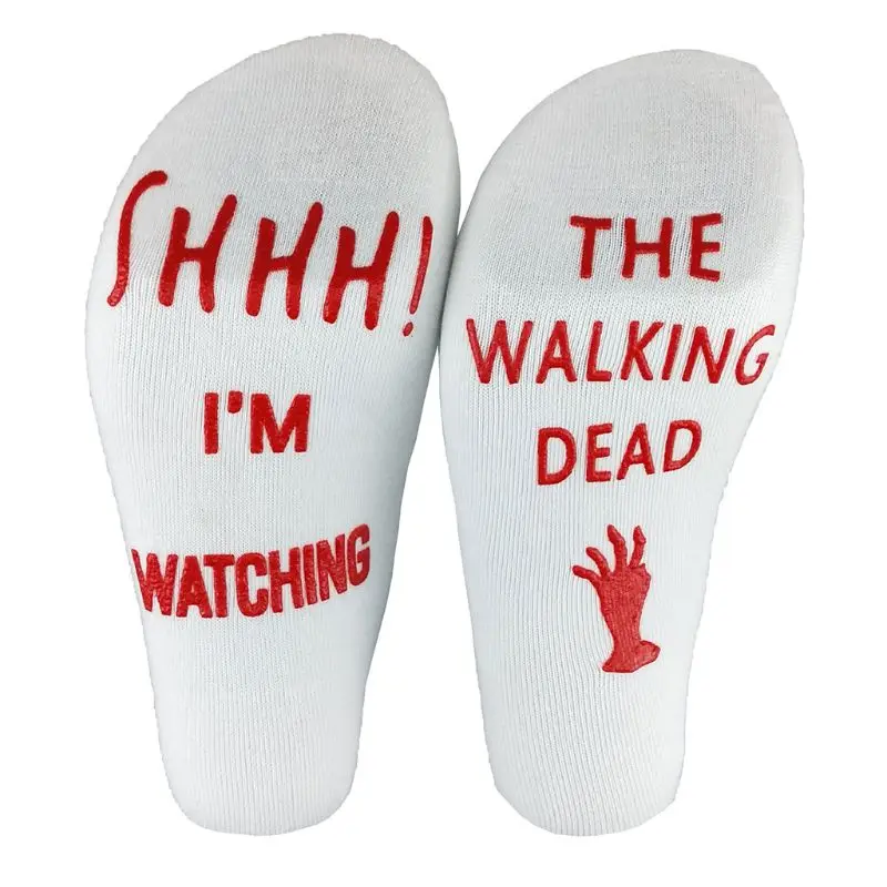 

Unisex Novelty Long Short Crew Socks Funny Words Watching Zombie American Dramas Rubber Sole Cotton Tube Hosiery TV Fans Gift