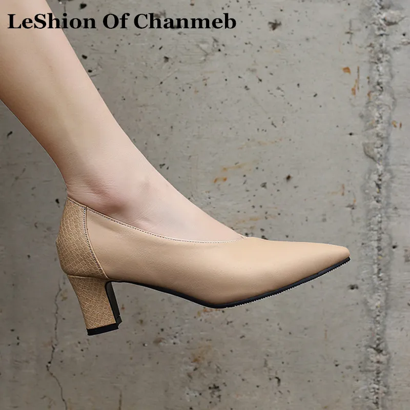 

Fashion Snake Printing Leather Patchwork PU Leather Pumps for Women Black Nude Big Plus Size 43 44 45 46 Block Heels Shoes 2019