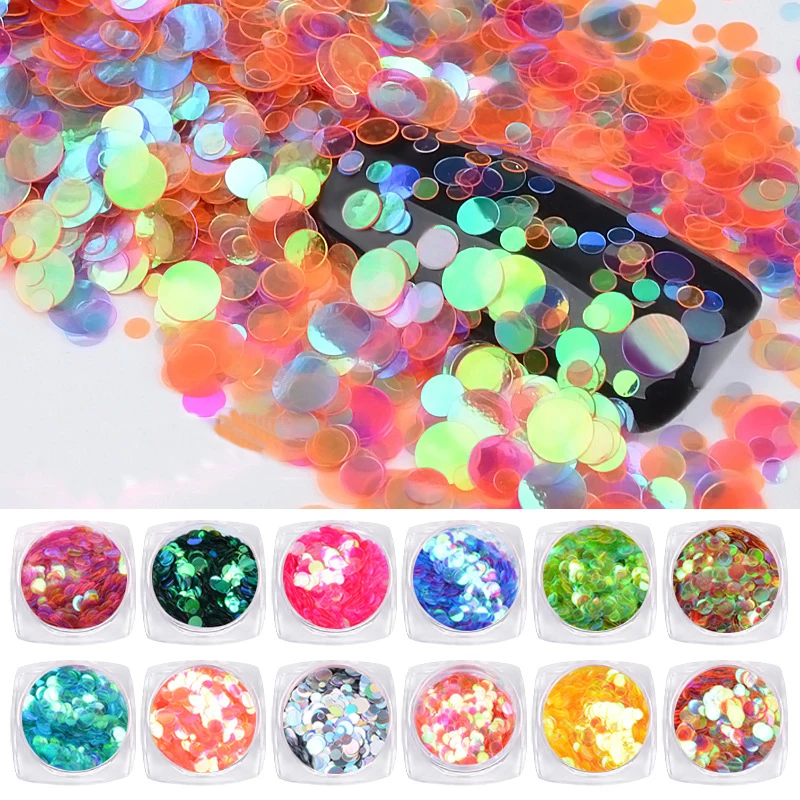 

1 Box Round Aurora Glitter Powder Tips Mixed Size Nail Sequins Ultra-thin paillette Shiny Chameleon Nail Glitters