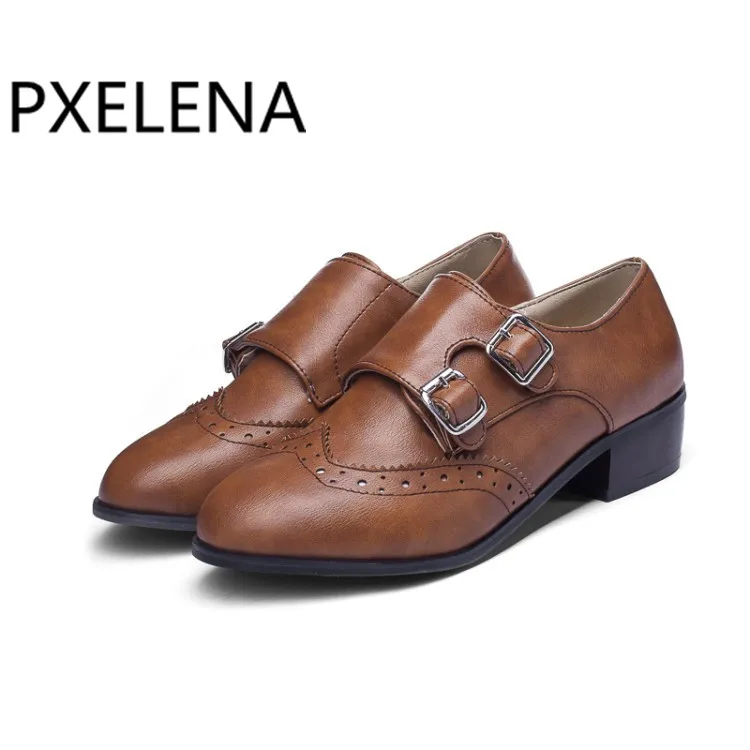 

PXELENA Women Oxfords Carved Wing Tip Round Toe Brogue Shoes Ladies Retro British Fretwork Casual Comfortable Round Toe School