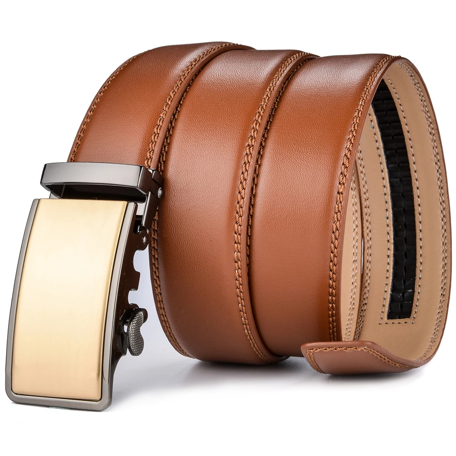Cena Plyesxale skórzany pas mężczyźni 2018 złota luksusowe paski mężczyźni wysokiej jakości brązowy Cowskin pas dorywczo automatyczne klamry pas B56