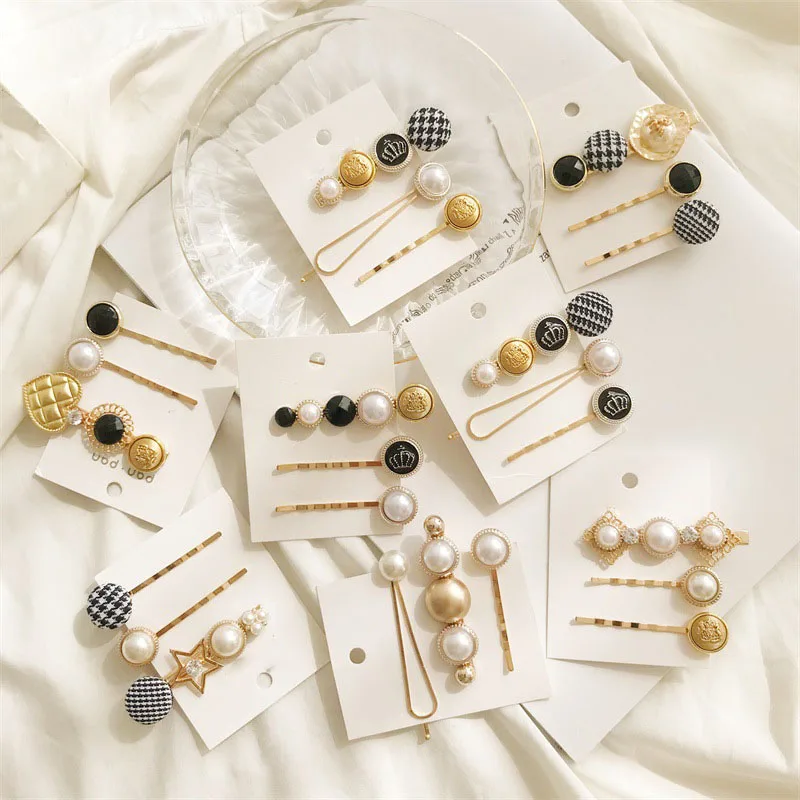 

3pcs/1Set Fashion Hairpins Head Accessories Women Houndstooth Button Pearl Hair Clips Crwon Star Crystal Hairpin Barrette bijoux