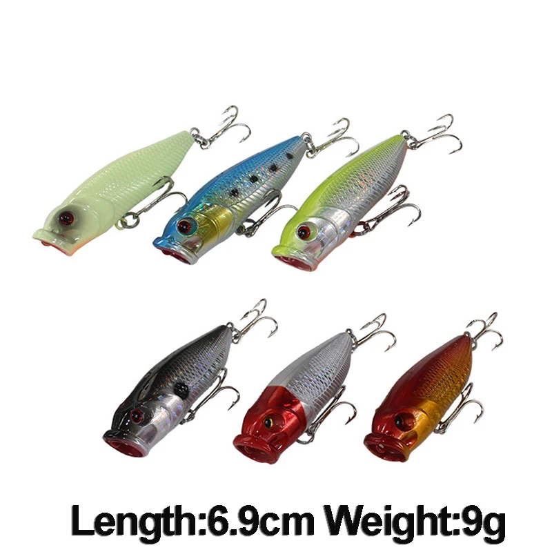 

6pcs/Lot Floating Popper Fishing Lure 6.9cm 9g Mixed Color Freshwater surface Hard Popper Carp fishing Lure