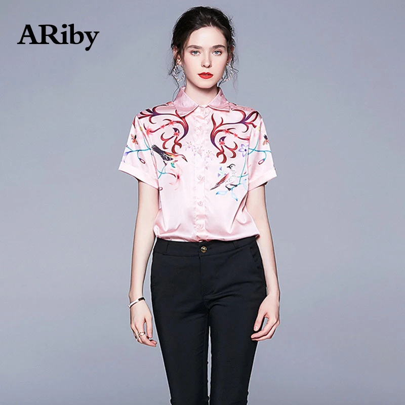 

ARiby Women Shirt Elegant Summer Pink Shirt 2019 New Office Lady Turn-down Collar Printed Short Sleeve Womens Tops and Blouses