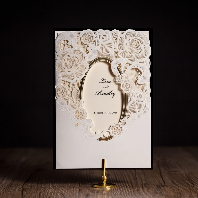 

WISHMADE Free Shipping New Style Pure White With Gold Foil Cover Wedding Invitation Card, Elegant Laser Cut Customizable CW5185