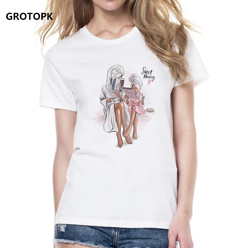 

Mom and Duaghter Sweet Morning T-shirts for Women Super Mama Print Tee Shirt Femme Cotton Vogue T Shirt Streetwear Harajuku Tops
