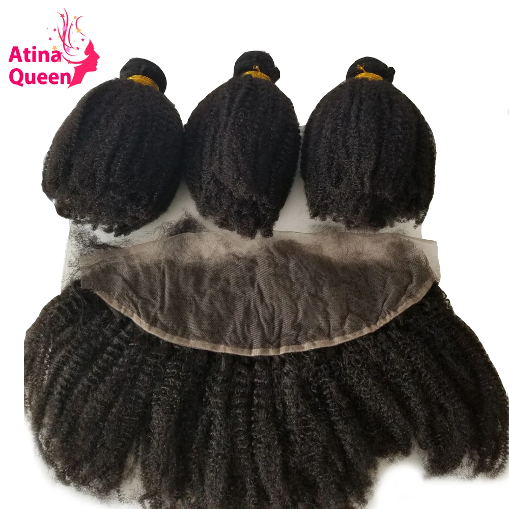 

Mongolian Tight Afro Kinky Curly Hair Weave 3 Human Hair Bundles With 13*4 Lace Frontal Closure Remy Atina Queen Hair Products