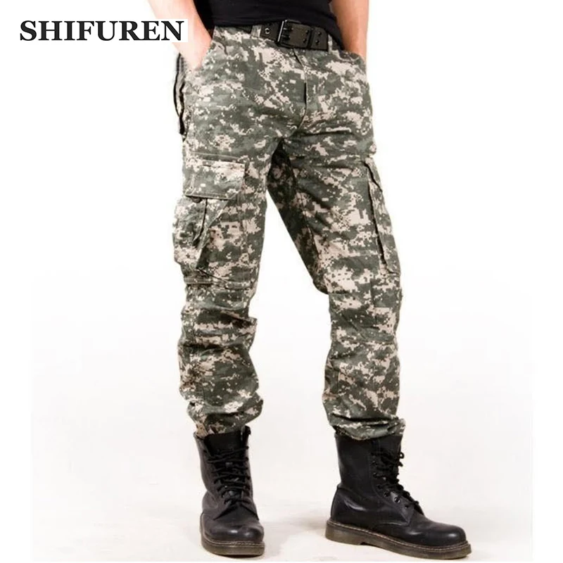 

SHIFUREN Mens Cargo Pants Camouflage Multi Pocket Military Overall Baggy Trousers Outdoors Loose Cotton Long Trousers No Belt