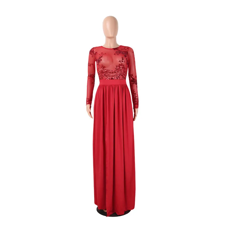 Сексуальное Платье макси с открытой спиной и блестками, длинное платье с длинным рукавом и высоким разрезом, длинное платье для женщин в пол, вечерние платья Vestidos - Цвет: Красный
