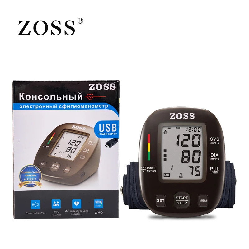 ZOSS английский или Русский Голос три цвета подсветка ЖК верхний монитор артериального давления на руку пульсометр