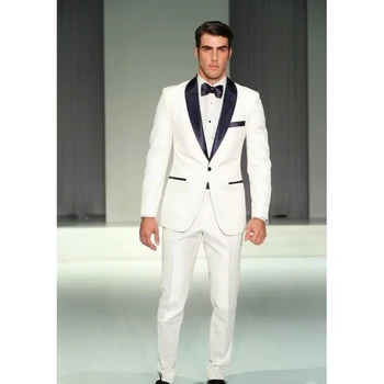 

2020 High quality Custom made White Shawl lapel One button groom mens suits man's Business men suit ( jacket+Pant+bowtie)