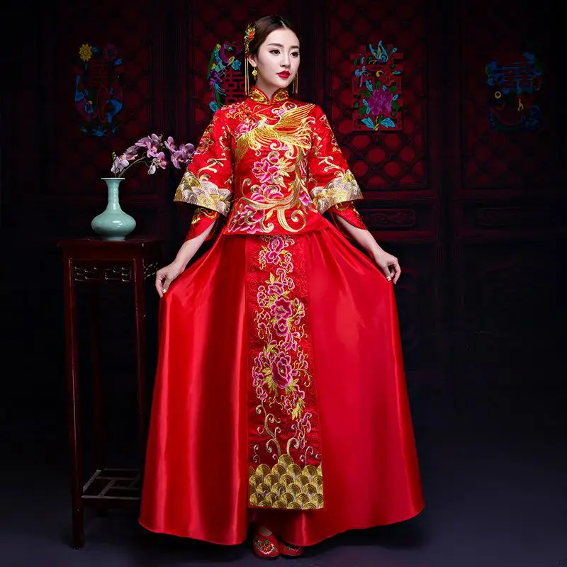 Негабаритный XS-3XL в национальном стиле платье невесты китайский женский вышивка древний Qipao красный элегантный свадебное Ципао костюм Vestidos - Цвет: Phoenix