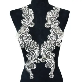 

2PCS White Flowers Wave Mesh Fabric Wedding Appliques Sew Patches Lace Embroidery For Evening Dress DIY Decoration