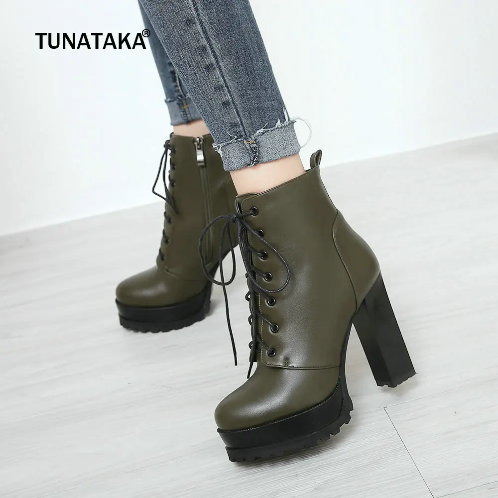

Winter Ladies Side Zipper Platform Martin Boots Fashion Lace Up Thick High Heel Ankle Boots Black Red Green
