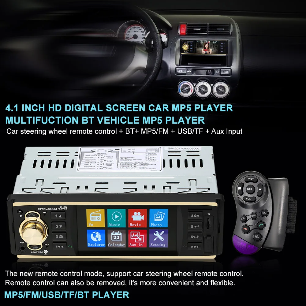

kkmoon 4.1 inch 1 Din HD Car Radio Audio Stereo 1Din USB AUX FM/TF Radio Station Bluetooth with Rearview Camera Remote Control
