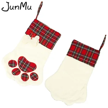 

18"x11" Large Plaid Paw Christmas Stocking for Dog Cat Christmas Gift Bags Xmas Tree Snowflake Ornaments New Year Decoration
