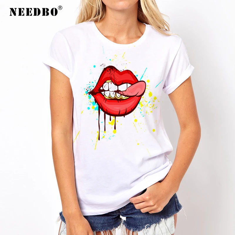 Женская футболка забавная Сексуальная Повседневная Femme Imprime Red Lips круглый вырез