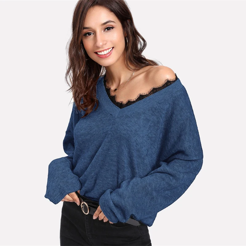 Sheinside синий контрастный кружевной вязаный джемпер с ресницами, женский свитер большого размера, пуловер с рукавами летучая мышь, Повседневные свитера