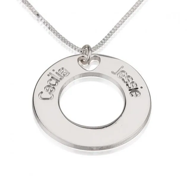 925 Sterling Silver Engraved 2 Name Necklace Heart Hollow Custom Circle Round Pendant Couple