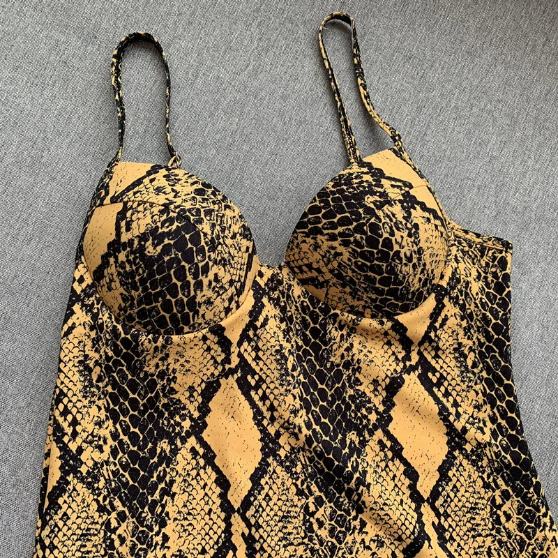 Dotrend High Cut Snake Print Bandage Bodysuit Women One Piece Suit Push Up Swimwear Rompers Female Sexy Bodycon Summer Bodysuit bustier bodysuit