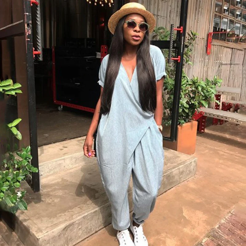 

Summer Rompers Woman Jumpsuits Fashion Solid V Neck Loose Sexy Women Playsuits Casual Women Jumpsuit Overalls Plus Size