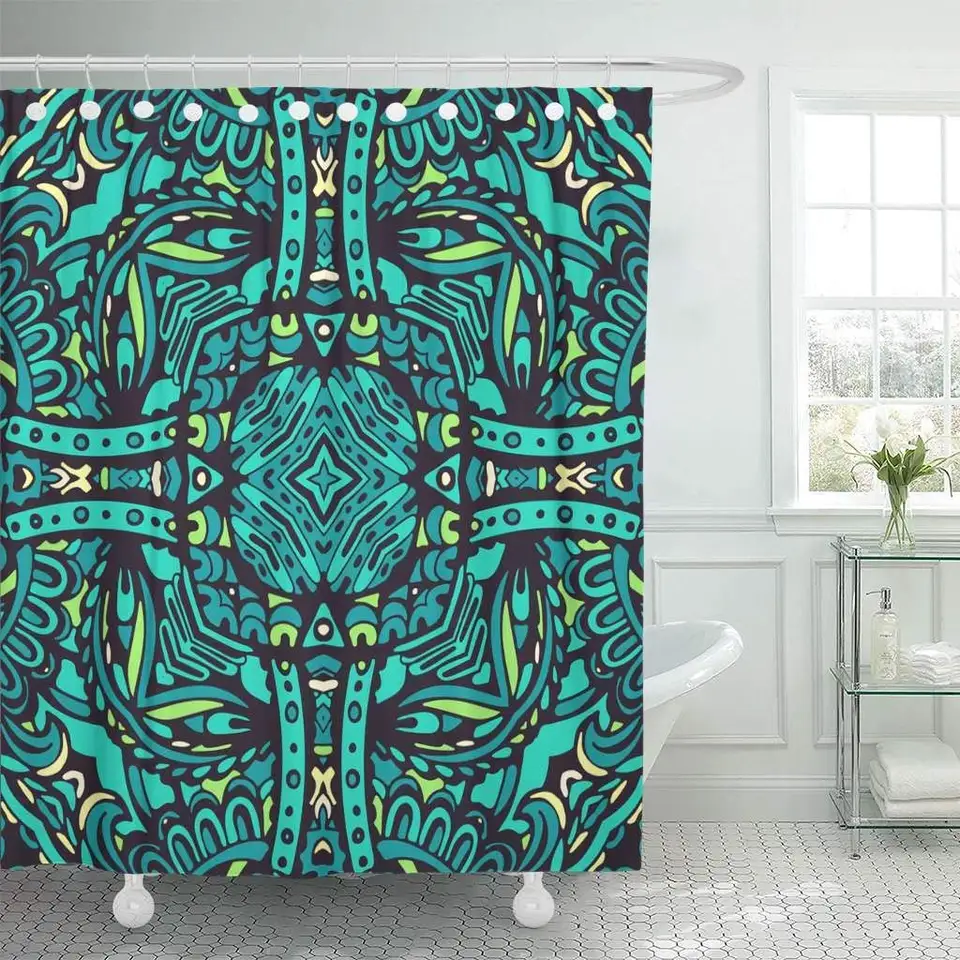 Shower Curtain With Hooks Green Mexican Abstract Tribal Vintage