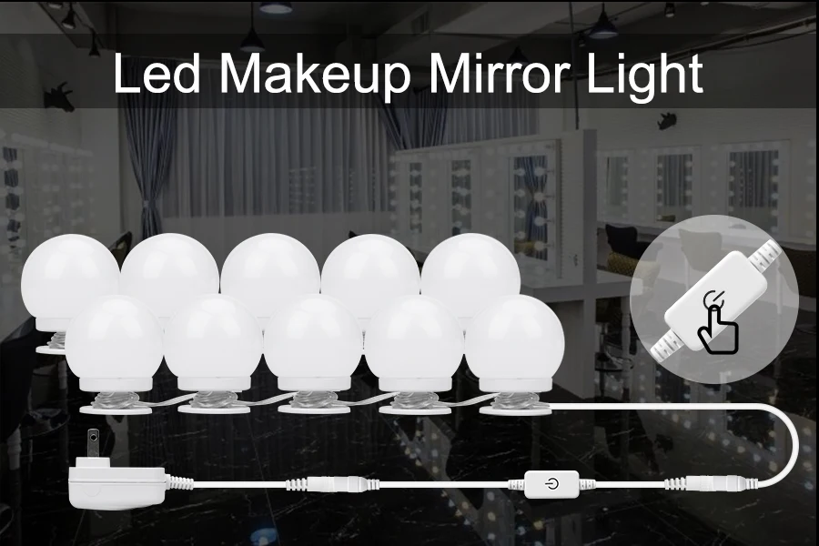 Зеркало для макияжа светодиодный ночник 10 голливудских лампочек для туалетного столика с диммером с US UK EU Plug
