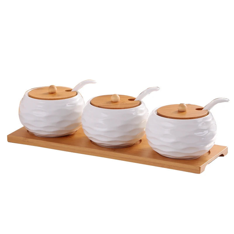 

Beach Rock Design Ceramic Sugar Bowl Home Kitchen 3 In 1 Set Salt Condiment Pot Jars With Small Spoons