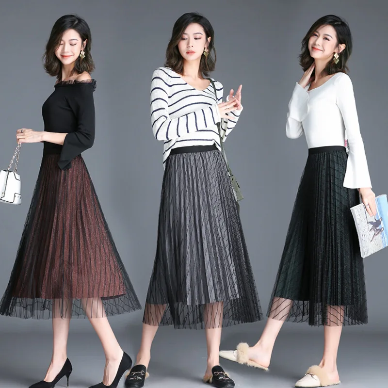 Летняя новая линия плиссированная Женская до середины икры сетчатая юбка Женская эластичная высокая талия юбки Феи элегантная однотонная Двухслойная юбка