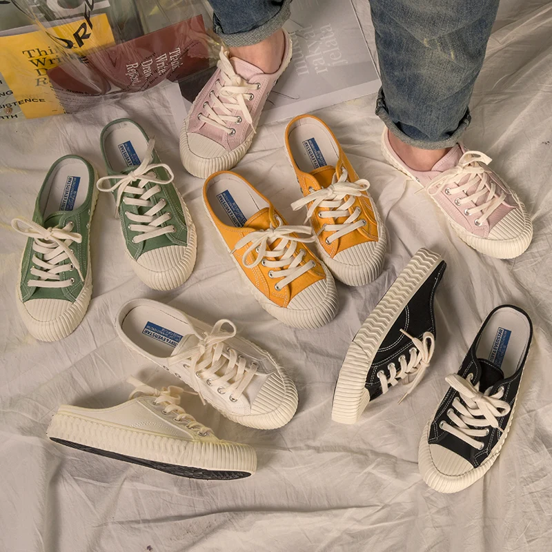 

Women Canvas Shoes Half Slipper Slipon Vulcanized Shoes Girls Sneakers Candy Color Lace Up Semi-slipper 2019 New Lady Shoe 35-40