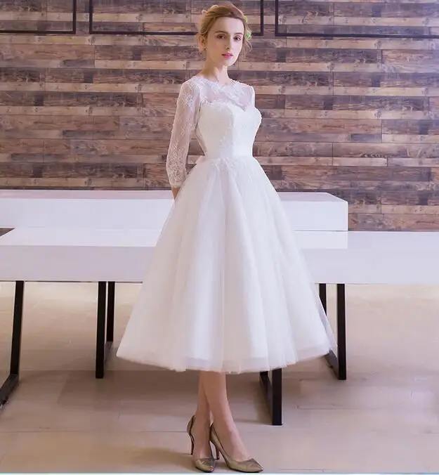 Белый тюль платье невесты Свадебная вечеринка платье аппликация Иллюзия Половина рукавом бальное платье Элегантный vestido de noiva Q011
