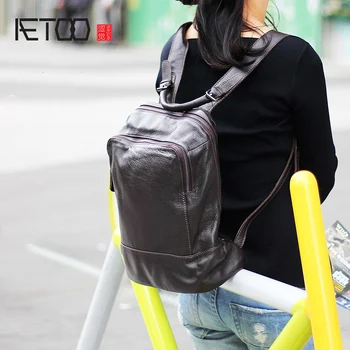 

AETOO Simple leather shoulder Baotou layer cowhide hundred fashion backpack retro practical handmade male and female schoolbag