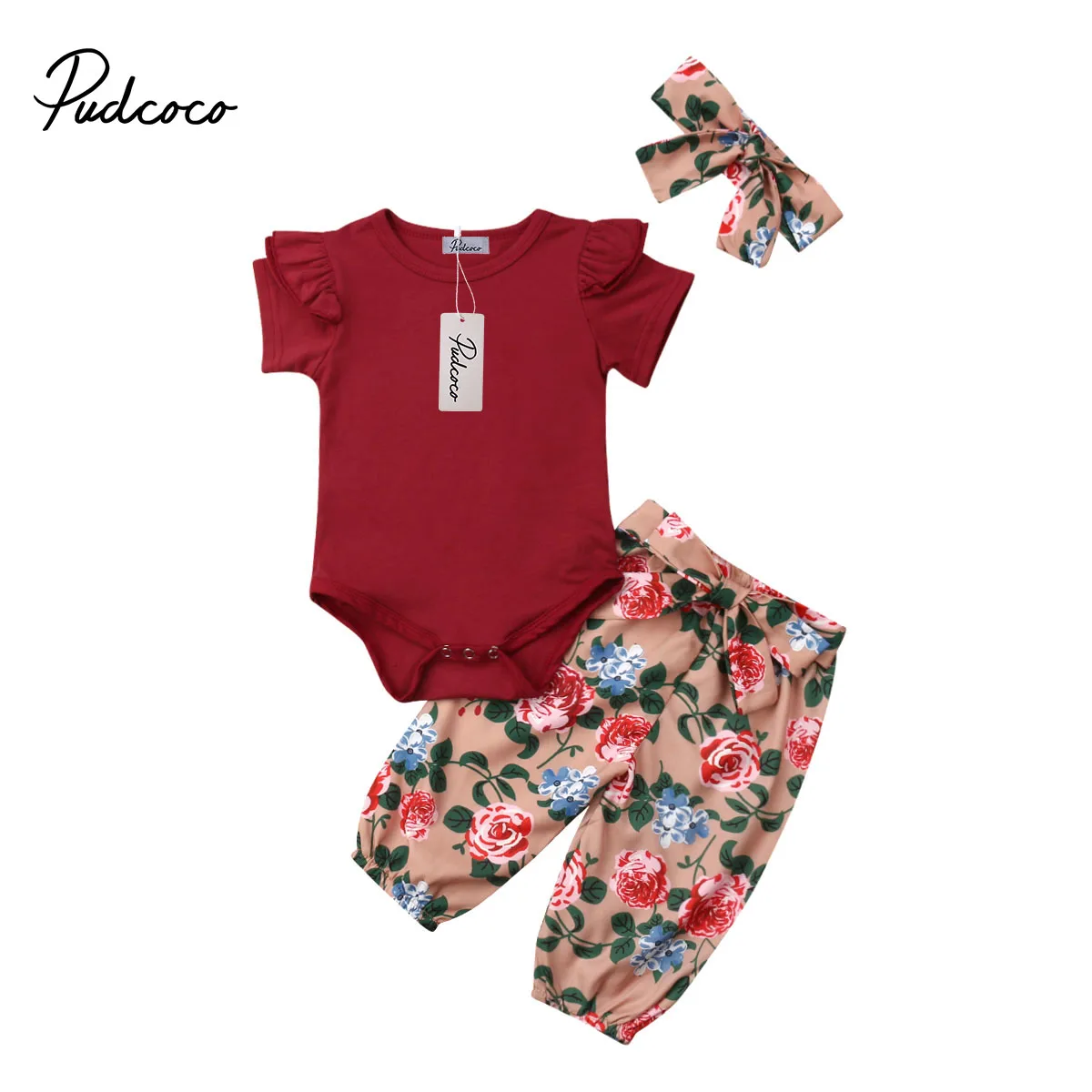 

2019 Toddler Kids Baby Girl Solid Red Rompers+Floral Pants+Headband Bow-knot 3PCS infant girl Clothes 0-18M