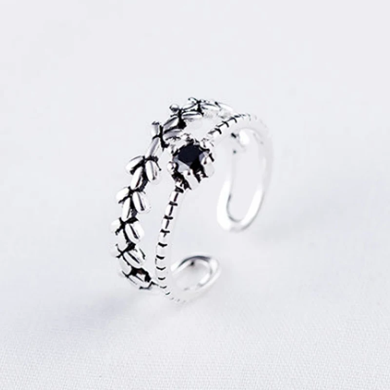 2018 New Arrival 1PC Open Silver Unique Men Party High Quality Adjustable Gifts Women Crystal Ring Leaf Graceful Obsidian