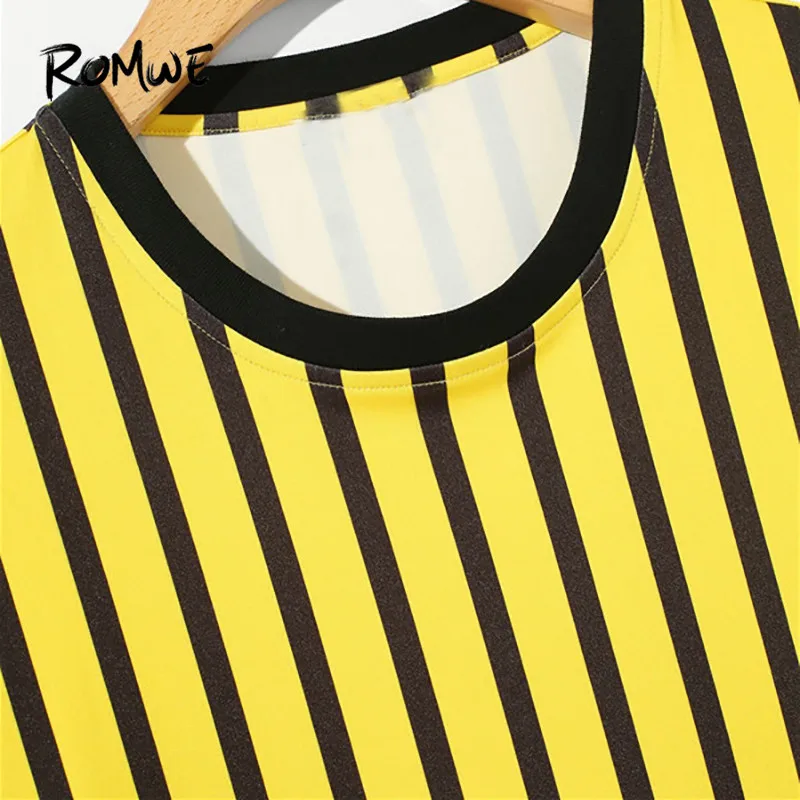 ROMWE мужские полосатые топы с коротким рукавом и круглым вырезом, Желтые Повседневные топы,, цветные полосатые эластичные мужские летние футболки