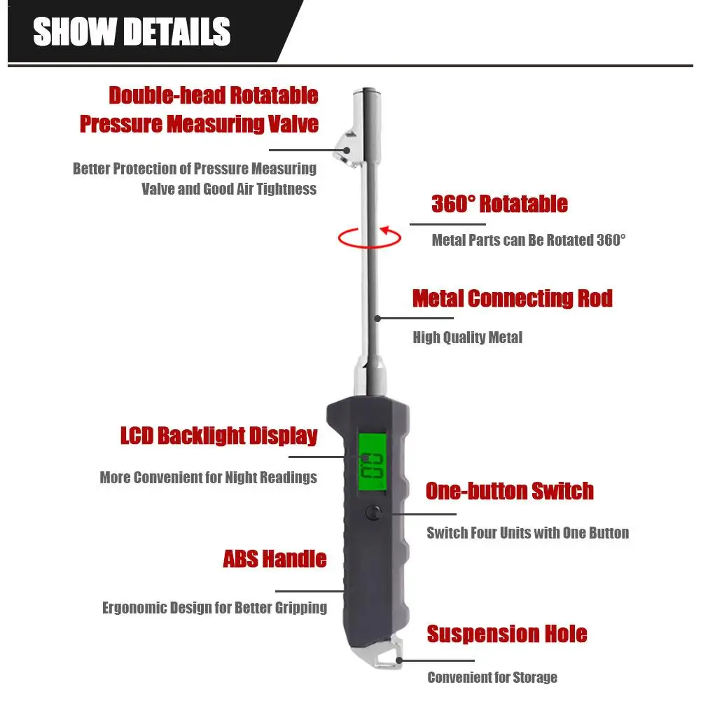 Цифровой манометр для шин, тяжелая грузовая шина, ЖК-дисплей, светящийся электронный дисплей, цифровой манометр для шин