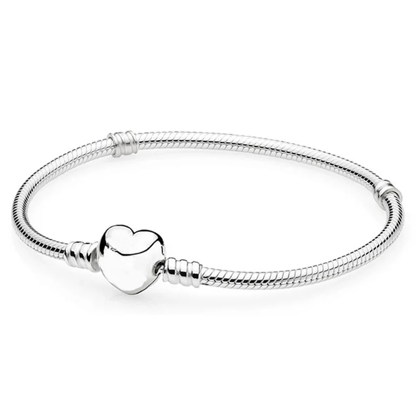 

925 Sterling Silver Bracelet Bangle Love Heart Clasp Snake Chain For Women fit Lady Beads Charms Pendant DIY Jewelry