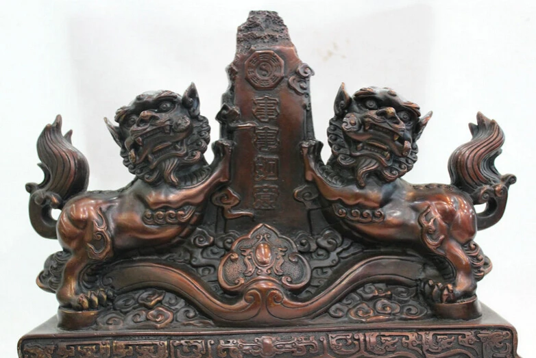 

JP S62 16" Chinese Asian House Feng Shui Pure Bronze Foo Fu Dog Lion Hold Ruyi Statue (B0413)
