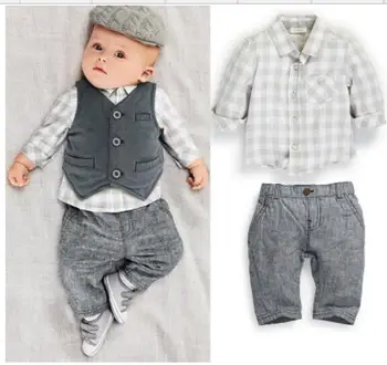 

2017 Spring and Autumn new boys handsome British long-sleeved plaid shirt + vest + pants / 3 sets of small gentleman suit