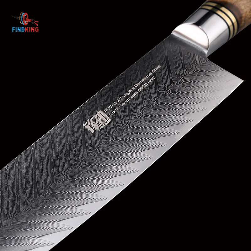 FINDKING AUS-10 damascus steel Sapele wood handle arrow pattern damascus knife 7 inch Santoku knife 67 layers kitchen knives