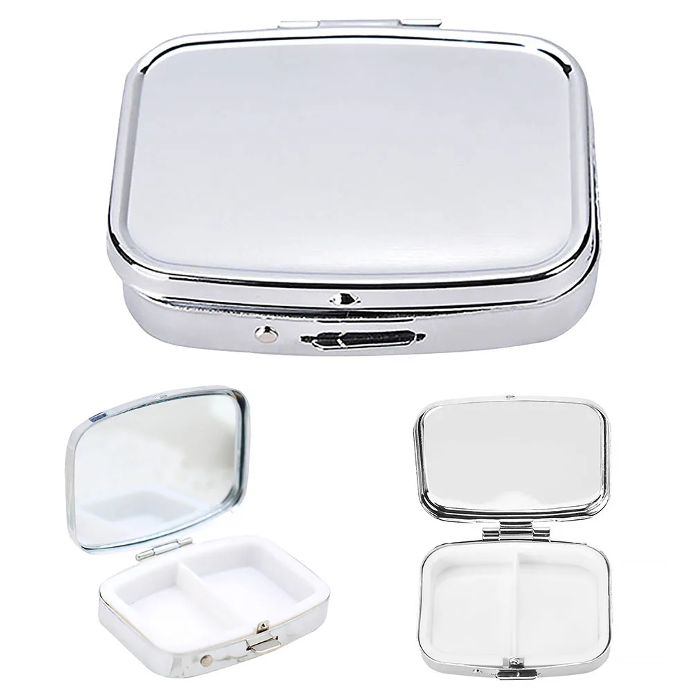 

2 Grid Mini Portable Medicine Organizer Metal Travel Gift Box Square Candy Box Storage Silver Container